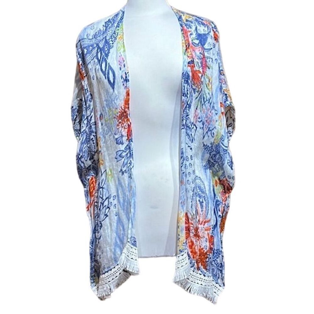 Chico's Women's Floral Sheer Kaftan Kimono Blouse Multicolor Size S/M - Euc